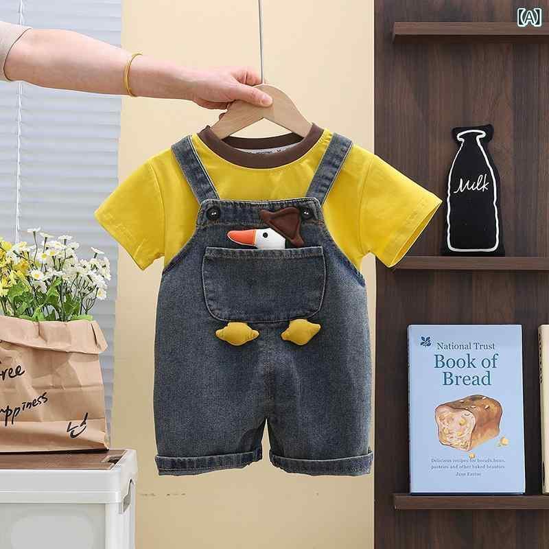 キッズ ベビー服 半袖 トップス ショートパンツ 上下セット 子供服 デニム オーバーオール セットアップ 夏服 かわいい アヒル カジュアル