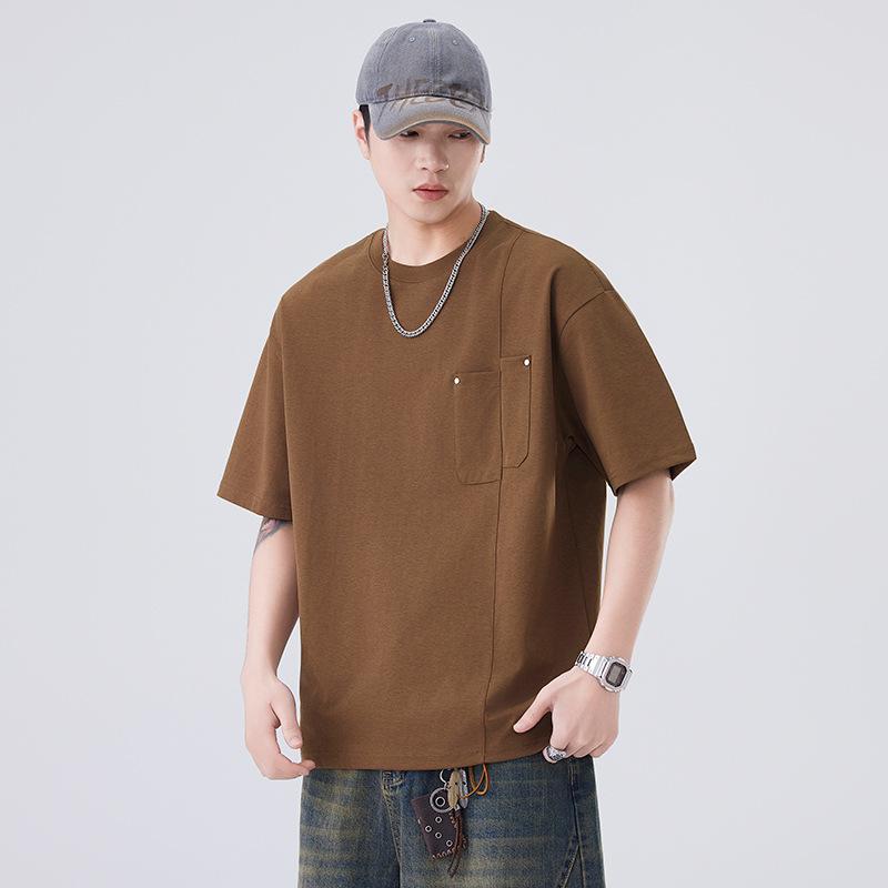 Tシャツ メンズ アースカラー コットン混紡 半袖 トップス ルーズ カジュアル 5分袖 ポケット付き 通気性