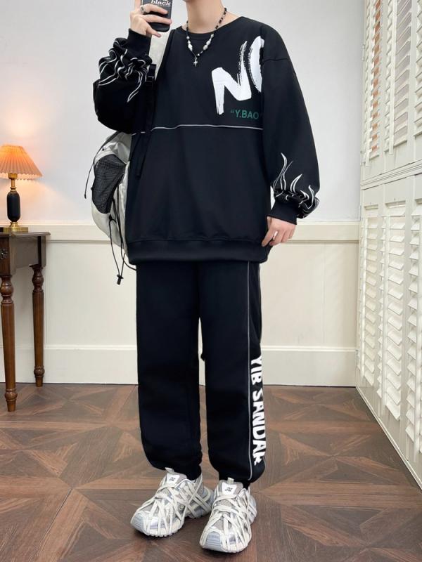 スウェット セットアップ メンズ 男性用 スポーティ カジュアル 長袖 Tシャツ パンツ 上下 2点 伸縮性 通気性 普段使い 部屋着 白 黒