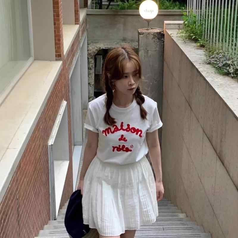 Tシャツ レディース 韓国風 Rolarola ロゴ 刺繍 半袖 綿 灰色 ピンク系 ブラック ホワイト XS S M カットソー トップス ラウンドネック プルオーバー 普段使い