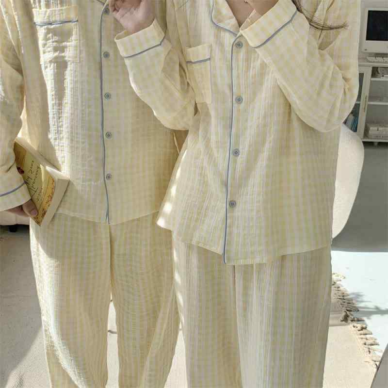 パジャマ レディース メンズ 長袖 春秋 セットアップ ルームウェア かわいい 格子柄 部屋着 寝間着 ペアルック