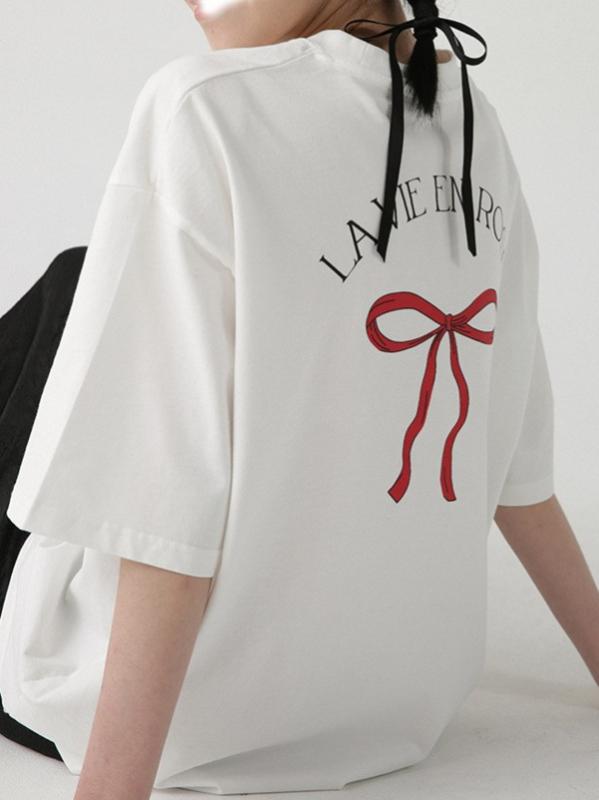 Tシャツ レディース 半袖 春夏 韓国風 デザイン 蝶々結び 両面プリント レトロ かわいい ゆったり カットソー トップス 綿100% カジュアル 普段使い オフホワイト ライトグレー ダークグレー