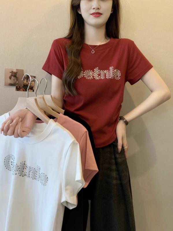 Tシャツ レディース 半袖 コットン トップス 韓国風 重ね着風 ラインストーン 細身 日韓カジュアル 白 黒 ピンク系 赤