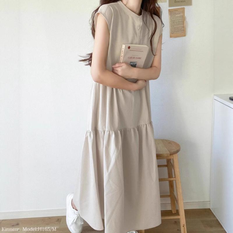 ワンピース レディース 春夏 ノースリーブ ストライプ Aライン ゆったり 韓国風 カジュアル リネン 膝下 ロングワンピース 薄手 ラウンドネック かわいい 普段使い 部屋着 リゾート 旅行 着痩せ 体型カバー 接触冷感 吸湿速乾
