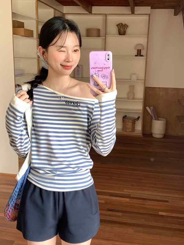 Tシャツ レディース 春夏 長袖 斜め襟 ストライプ 切り替え 配色 肩出し トップス カットソー 接触冷感 ゆったり かわいい カジュアル
