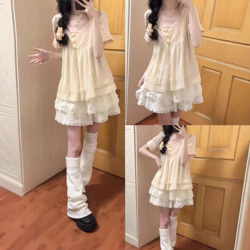 ワンピース レディース ラウンドネック 半袖 杏色 ポリエステル 膝丈 Aライン 清楚 かわいい フェミニン デート お呼ばれ