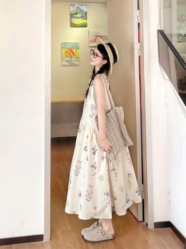 ワンピース レディース 春夏 無袖 ロング フレアスカート 花柄 フレッシュ かわいい 森ガール スタイル 清新 甘め 涼感 素材 ポリエステル プルオーバー ラウンドネック ルーズフィット 背中開き 小柄 対応 軽量 吸湿速乾 日常使い デート フェミ