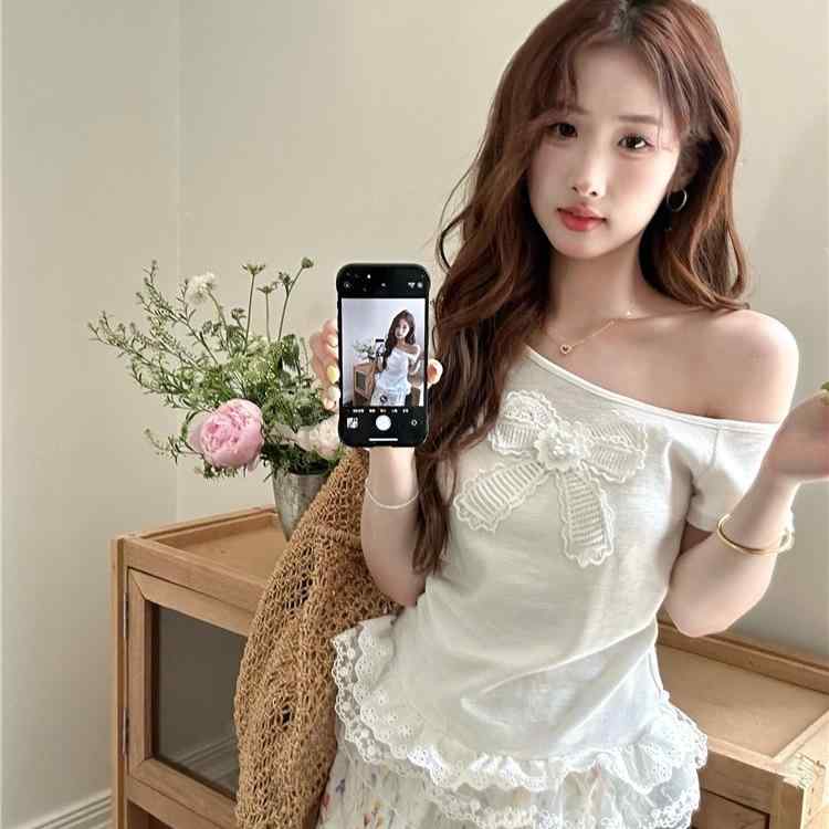 Tシャツ レディース かわいい 韓国風 レース 切り替え 半袖 トップス モダール 接触冷感 修身 ホワイト