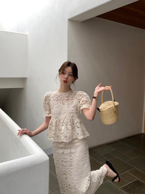 スカート 女性用 春夏 フレンチスタイル 名媛風 包みスカート ミモレ丈 コットン素材 綿95%以上 微弾力 ハイウエスト 切り替えデザイン レース刺繍 透け感 スリム効果 杏色 軽量 通勤 普段使い カジュアル