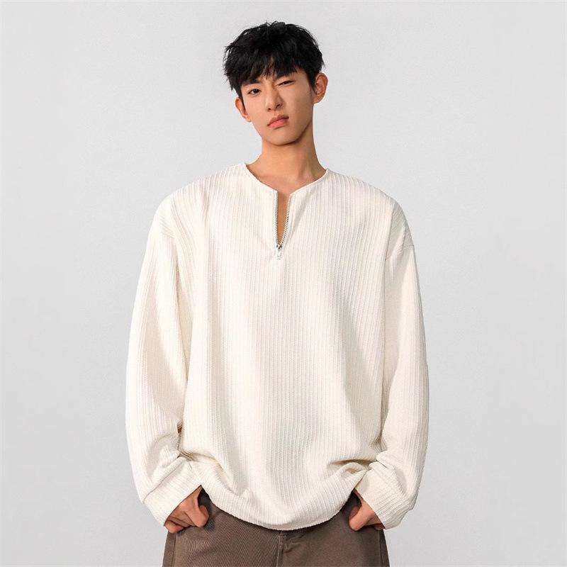 Tシャツ メンズ 長袖 プルオーバー ポリエステル 韓国風 春秋 カジュアル トップス ゆったり 無地 ハーフジップ 杏色 白 黒