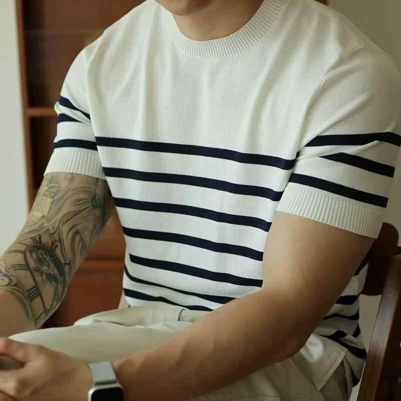 Tシャツ 男性用 ラウンドネック ボーダー柄 ニット 半袖 トップス レトロ カジュアル ビジネス 春夏 普段使い ポリエステル 伸縮性