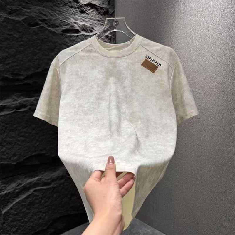 Tシャツ メンズ 半袖 ラウンドネック デザイン 絞り染め ストライプ 麻 リネン トップス 薄手 春夏 カジュアル 男性用 黒 ブラック グレー