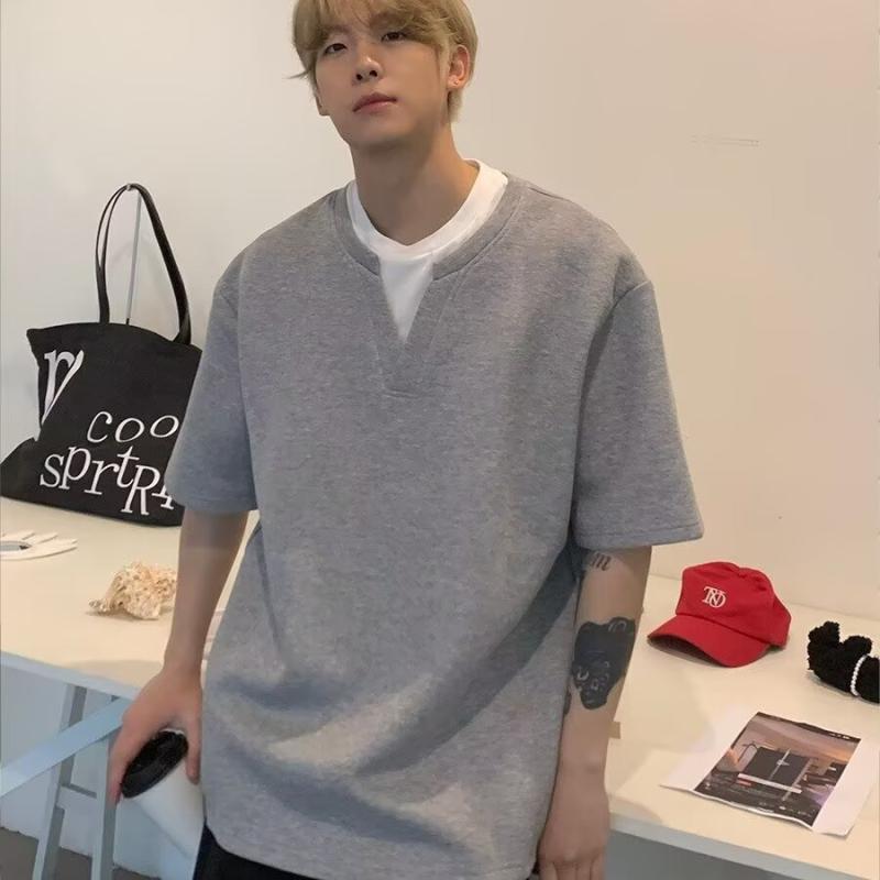 Tシャツ メンズ 半袖 Vネック 切り替え ルーズ 韓国風 シンプル トップス 薄手 接触冷感 吸湿速乾 普段使い 部屋着 ブラック グレー M L XL 2XL 3XL