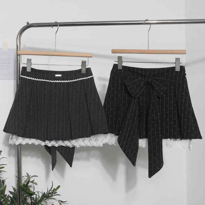 ミニスカート 女性用 ハート柄 切り替え レース Aライン プリーツ スリム かわいい ボウタイ 半身スカート 灰色 ブラック ポリエステル 無弾性 春 かわいい セクシー 私服 通勤 普段使い 軽量 通気性 膝上丈 ハイウエスト 膝丈