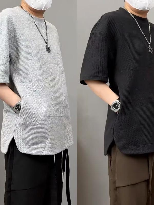 Tシャツ メンズ 半袖 浮き出し 提花柄 ジャカード クルーネック ゆったり カットソー 普段使い トップス ポリエステル グレー ホワイト コーヒー色