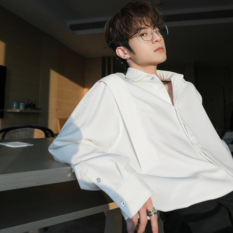 シャツ メンズ 男性用 トップス 長袖 春秋 韓国風 ゆったり 黒 白 無地 ポリエステル 普段使い レトロ