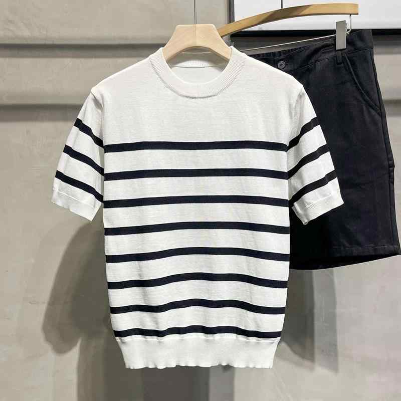 Tシャツ メンズ 男性用 半袖 接触冷感 ストライプ柄 ニット サマーニット 薄手 通気性 涼しい クルーネック カットソー トップス