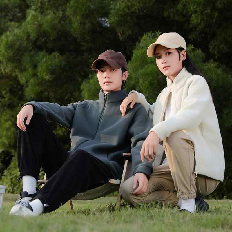 メンズ トレーナー 秋冬 フリース カップル 立襟 ジップアップ カーディガン ジャケット 厚手 暖かい 男性用 杏白色 ダークグレー カーキ色 グリーン ダークブルー パープル
