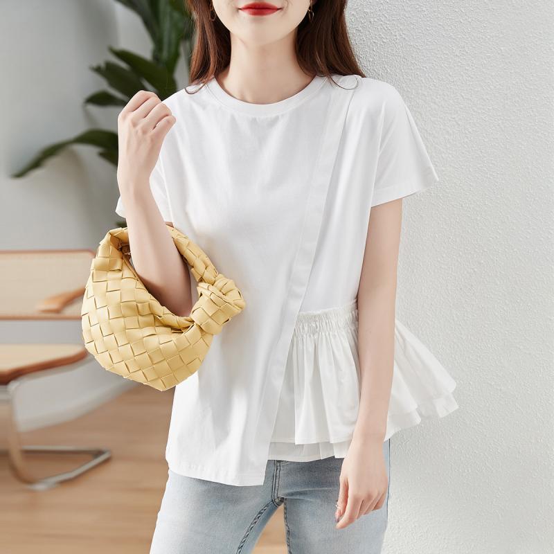 Tシャツ レディース 半袖 不規則 切り替え X型 春夏 接触冷感 荷葉邊 デザイン トップス カットソー 4,390円