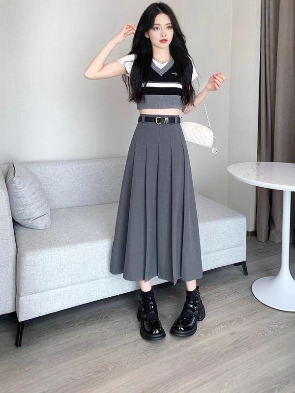 スカート レディース Aライン ひざ丈 ポリエステル 無地 春夏 通勤 ミディアム丈スカート おしゃれ きれいめ 灰色 黒色