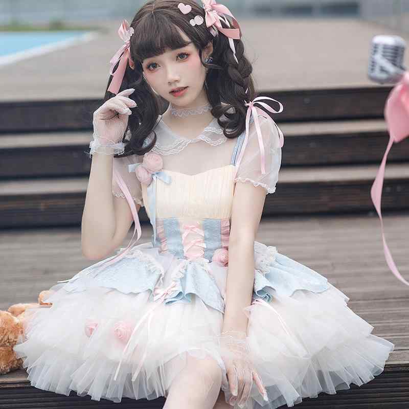 ワンピース レディース ロリータ ローズ ピーチ お洒落 かわいい 甘め ノースリーブ ポリエステル 普段使い パーティー デート
