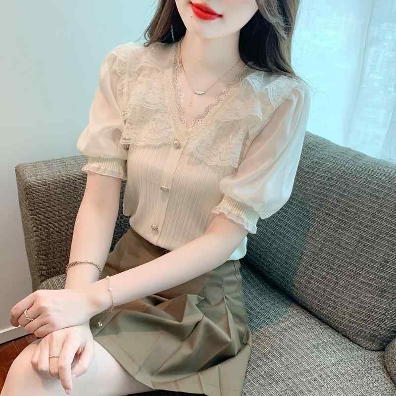 ニット・セーター レディース 半袖 Vネック レース パフスリーブ 薄手 ポリエステル 杏色 白 春夏 トップス フェミニン ガーリー レトロ