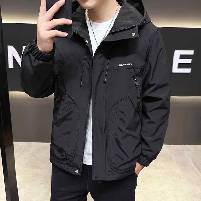 ジャケット 男性用 春秋 薄手 防風 撥水 フード付き アウトドア ワーク ウェア ブルゾン カーキ グリーン ブラック ベージュ M L XL 2XL 3XL 4XL 5XL