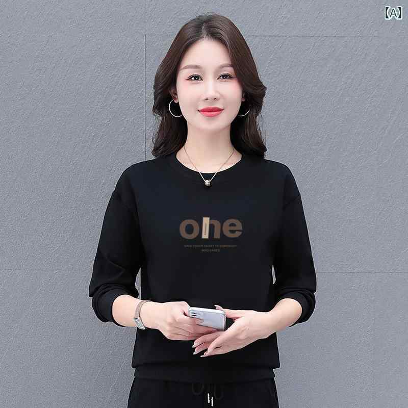 Tシャツ レディース 母 長袖 トレーナー カットソー ラウンドネック プルオーバー プリント ゆったり ミセス 春 秋 綿100% 普段使い デイリー 婦人服 トップス 黒 白 赤