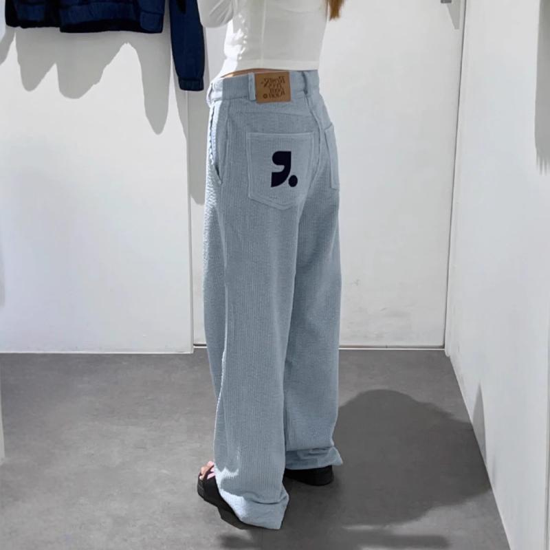 レディース ロングパンツ 灯芯? 直筒 ハイウエスト 厚手 刺繍 ポケット 韓国風 秋冬 ブルー ピンク ブラック ゆったりシルエット 暖か素材 日常使い カジュアル 切り替えデザイン 吸湿速乾 デイリーウェア