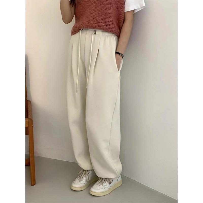 レディース ワイドパンツ コットン 素材 高腰 ロング丈 厚手 暖か ゆったり シルエット 伸縮性 ウエスト ゴム 裾 ドローストリング 調整可能 コージェル テーパード 脚 デザイン 燕麦色 ライトグレー ダークグレー ブラック パープル 通勤 スタイ