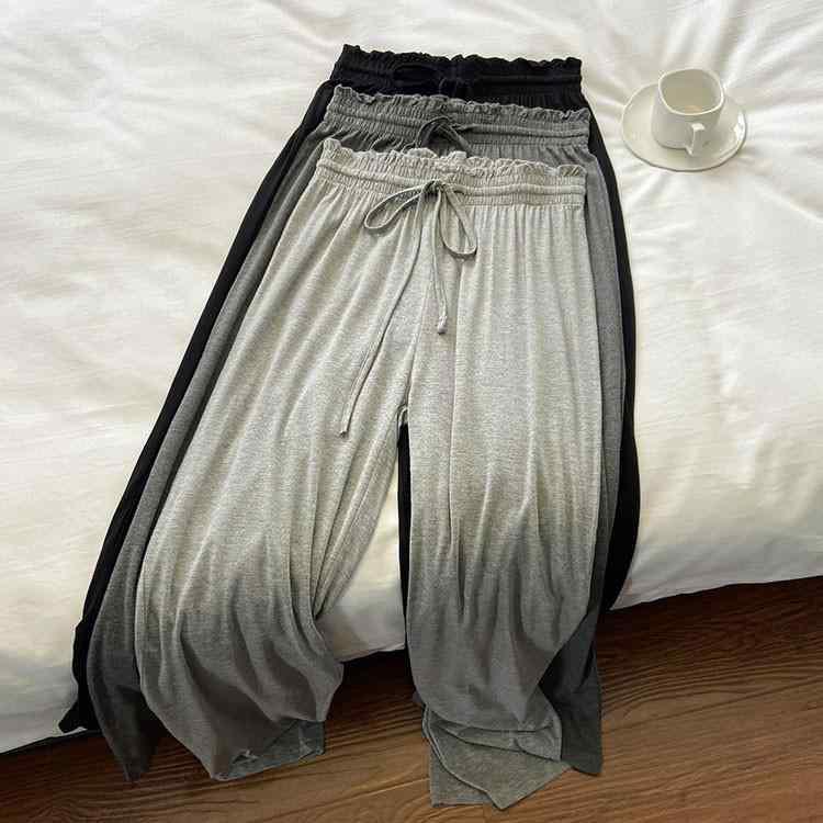 レディース 春夏 ワイドパンツ 高腰 モダール 垂れ感 直筒 ロング 薄手 高弾性 接触冷感 軽量 ゆったり シルエット 韓国風 日常使い 部屋着 快適 グレー ブラック カジュアル ラウンジウェア 吸湿速乾 伸縮性 ラフスタイル