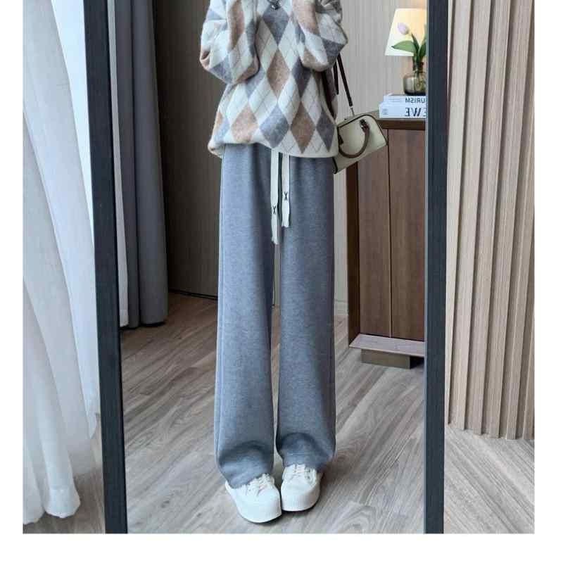 レディース 秋冬 ウール混 ワイドパンツ 女性用 高腰 垂感 ゆったり ニット ストレートパンツ 気質 通勤 都市風 軽量 口袋 ポケット ブラック ピンク ベージュ グレー 長丈 切り替え 吸湿速乾 伸縮性