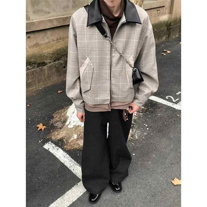 ジャケット 男性用 千鳥格子 コーデュロイ ブルゾン ハリントンジャケット 配色 春物 ライトアウター ジャンパー 長袖 スタンドカラー|イーマイショップ