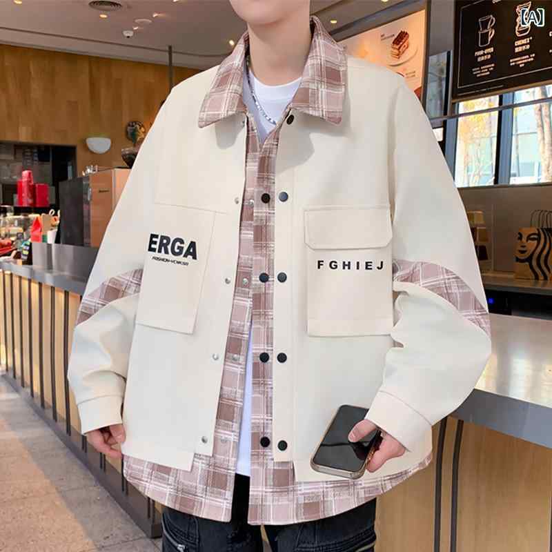 ジャケット 男性用 チェック柄 切り替え ライトアウター カジュアル 春秋 薄手 耐摩耗性