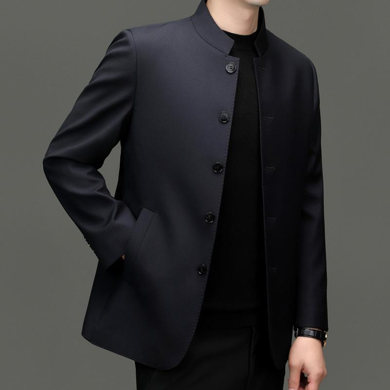 ジャケット メンズ 男性用 ブルゾン スタンドカラー シングルブレスト 薄手 アウター シニア 紳士服 春秋 グレー 紺色 ポリエステル 耐摩耗 通気性