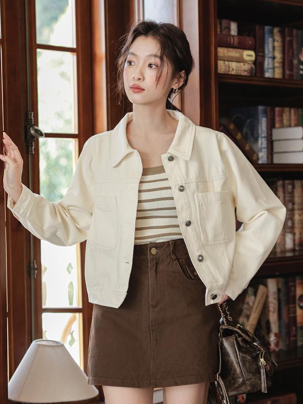 デニムジャケット レディース 韓国風 ゆったり ミリタリージャケット ショート丈 アウター トップス 春物 秋物 オフホワイト 4,991円