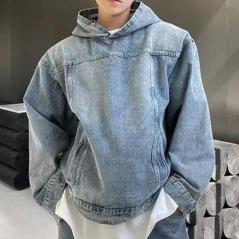 ジャケット 男性用 デニム ウォッシュ加工 フード付き ブルゾン メンズ 春秋 ヴィンテージ ストリート ウェア ブラック ブルー 綿 耐摩耗