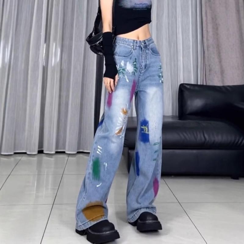 ワイドパンツ 女性用 春夏 牛仔 デニム ハイウエスト 直筒 ロング丈 彩画柄 破れデザイン ブルー ポリエステル 微弾性 軽量 快適 普段使い 通勤 カジュアルスタイル 日韓風 切り替え 吸湿速乾 伸縮性 ビッグシルエット