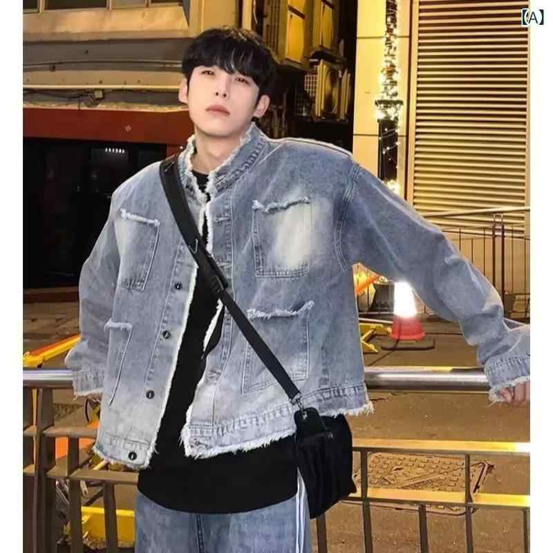 ジャケット 男性用 デニム ウォッシュ加工 立襟 ストリートスタイル ブルゾン アウター 青年 接触冷感 伸縮性