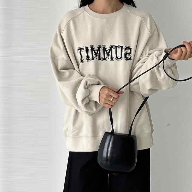 スウェット レディース 春 韓国風 トップス カットソー プルオーバー 長袖 ラウンドネック ロゴ プリント カジュアル 普段使い 部屋着 リラックス ゆったり オフホワイト グレー