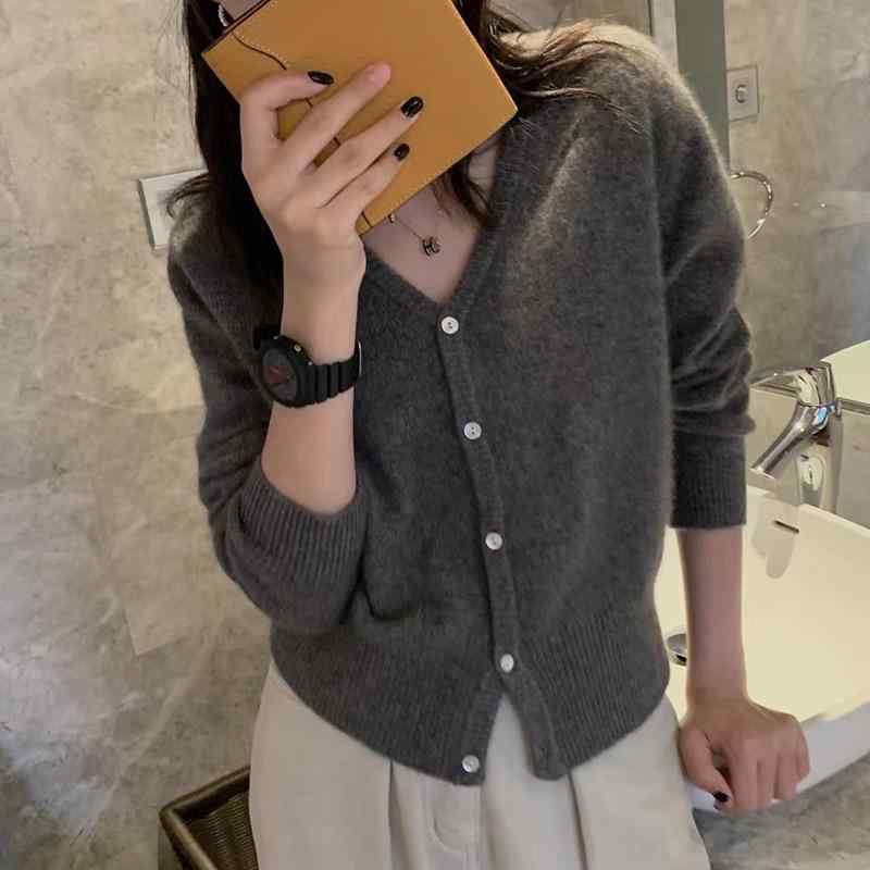ニット カーディガン レディース ウール Vネック 長袖 ショート丈 ゆったりサイズ 無地 秋冬 あったか 暖かい 羽織り 上着 トップス 深灰色 姜黄色 紺色 コーヒー色