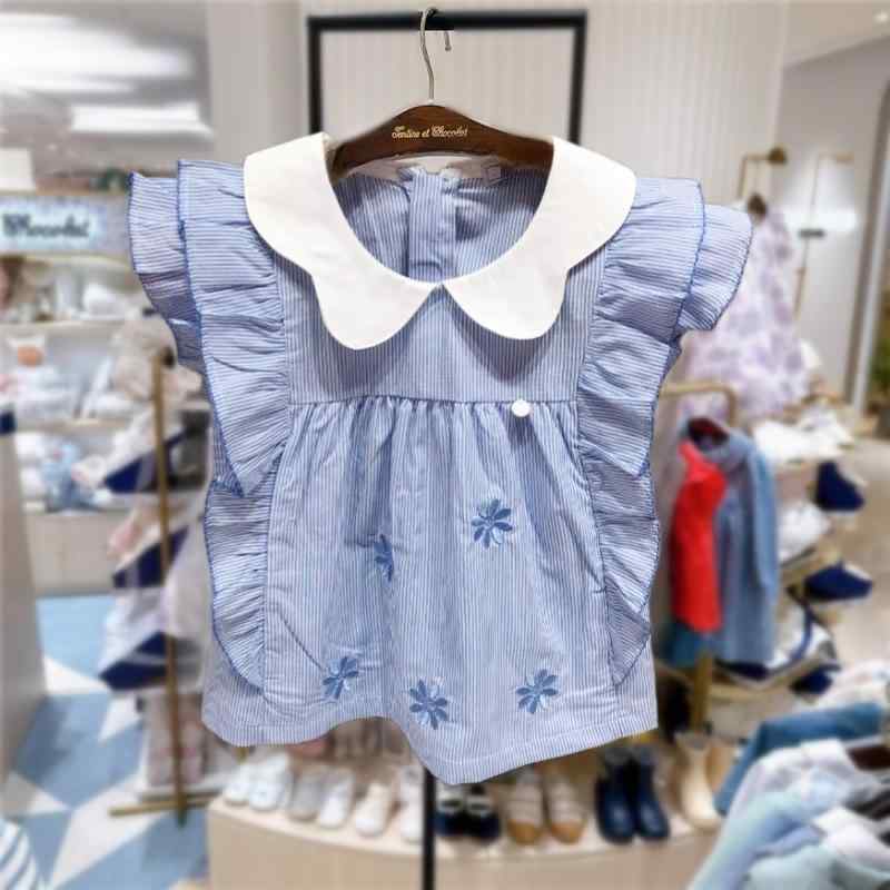 子供服 Tシャツ 女の子 半袖 ストライプ 襟付き かわいい 夏物 トップス スカート付き 90cm 100cm 110cm 120cm 130cm ブルー ホワイト