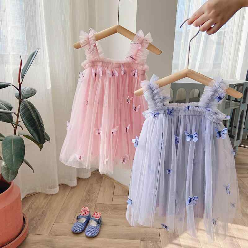 ワンピース 女児 子供 吊りスカート プリンセス チュールスカート チュール 刺・墸 蝶々 バタフライ かわいい 夏 春夏 ピンク系 ブルー系