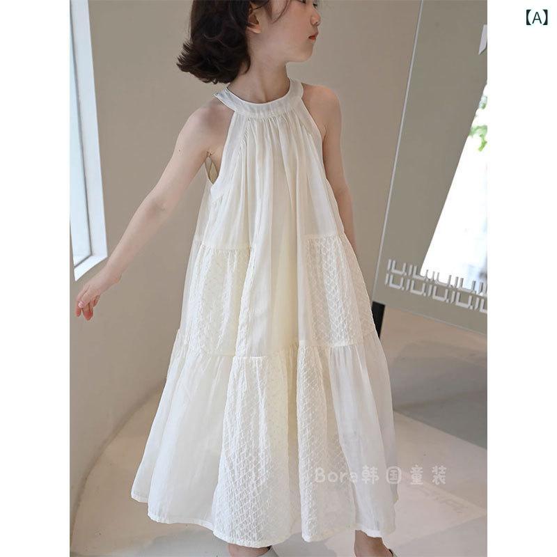ワンピース 女の子 キッズ ノースリーブ Aライン ロングワンピース 薄手 コットン混紡 夏物 ホワイト 配色 100cm 110cm 120cm 130cm 140cm 150cm 160cm 170cm