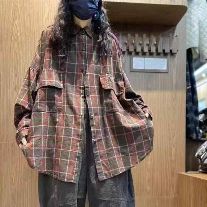 シャツ レディース 格子柄 コットン ネルシャツ ブラウス チュニック丈 ゆったり 襟付き 文芸風 レトロ 配色 切り替え ポケット付き ドロップショルダー