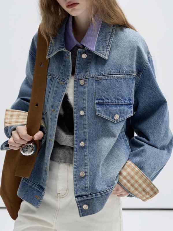 ジャケット レディース デニム 春秋 水洗い ウォッシュ加工 切り替え アメカジ レトロ ゆったり 襟付き 長袖 デニムブルー