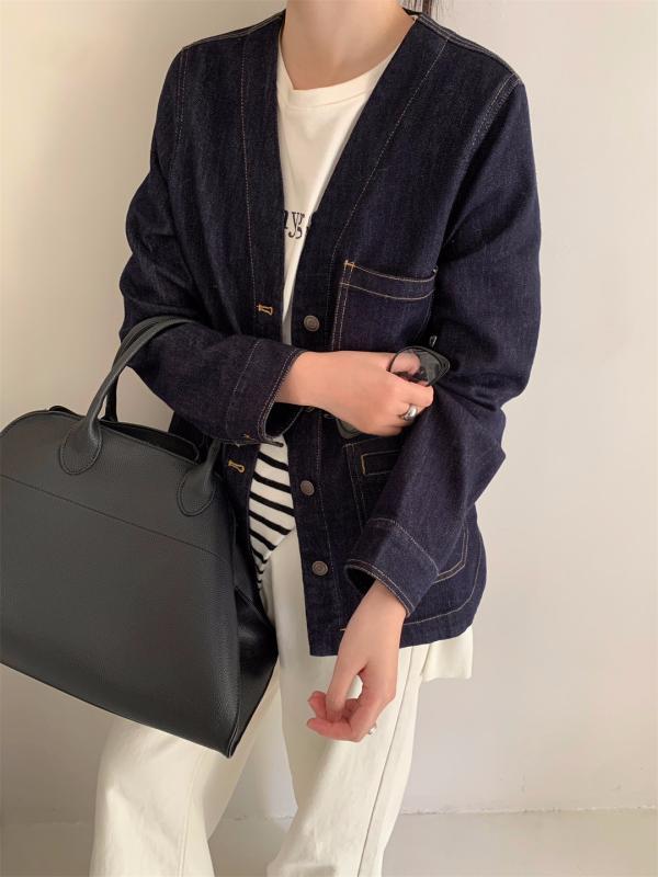 ジレー お上さん用 ジーンズ原料品 Vのど首 壱名取り草 ルーズフィット 長袖 綿織物混 ポリエステル交ぜあわせる ディープブルー 秋冬 コージュアルスタイル 日韓風 普段使い走り 軽さ 通い相応う 伸縮性 吸湿速乾 ハイネック相応う ビッグ影ぼうし トップス