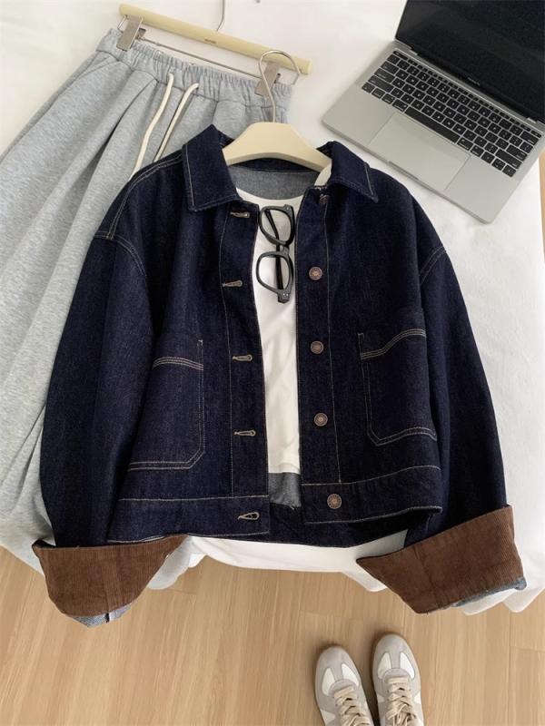 デニムジャケット レディース 春秋 韓国風 ショート丈 襟付き カジュアル アウター 深藍色 S M L XL レトロ ポリエステル