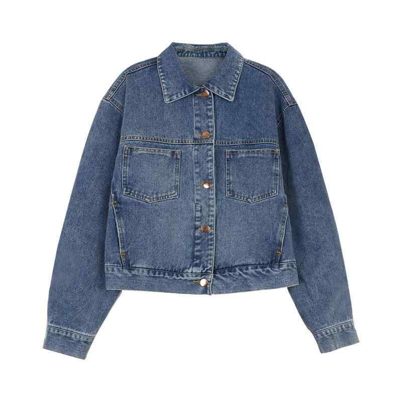 カーディガン 女性用 春秋 デニム ジャケット 綿 素材 デザイン性 短丈 トップス 港風 百搭 レジャー ワイドシルエット 長袖 スタンドカラー ポケット 切り替え 加工 ライトブルー 通勤 スタイル 気質 シングルブレスト ミディアム厚 ゆったり フ