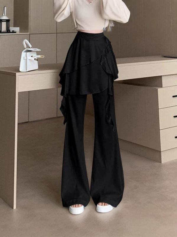 パンツ レディース 高腰 微フレアパンツ スカンツ 黒 荷葉フリル ポリエステル 快適 伸縮性なし 薄手 カジュアル 普段使い 韓国風